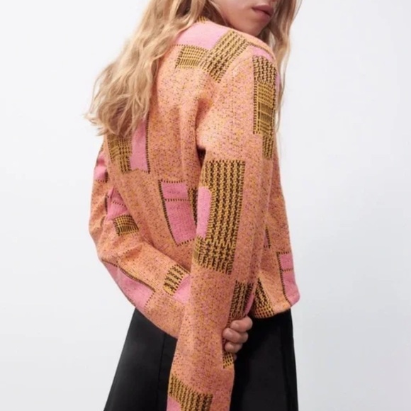 Zara Jacquard Geometric Cropped Sweater Orange Pink Black Size Small - Picture 5 of 9